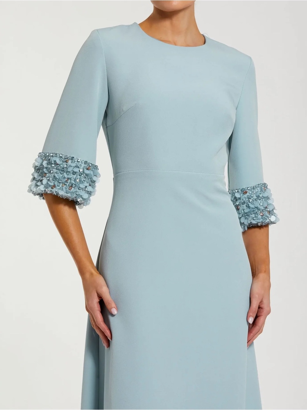 Mac Duggal 2342 Blue A Line Crepe Gown Embellished 3/4 Sleeves sz 20 - Picture 2 of 2